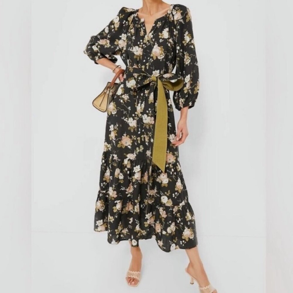 Tuckernuck Maxi Dress Womens Size XXL Midnight Garden Lyles Tiered Belt Pockets